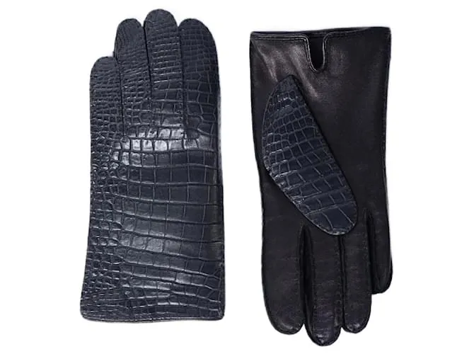 Autre Marque Guantes de cuero de cocodrilo (forro de seda) **raro** Negro 