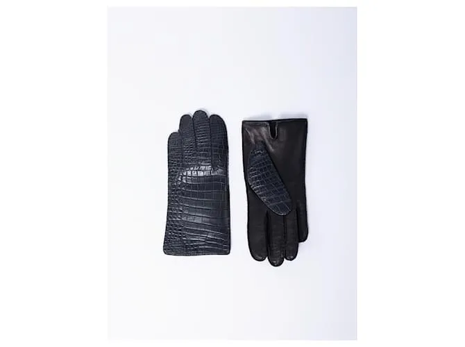 Autre Marque Guantes de cuero de cocodrilo (forro de seda) **raro** Negro 