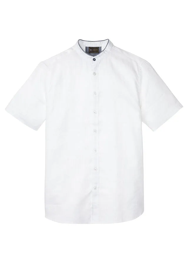 Camisa de lino con manga corta y cuello alto Blanco