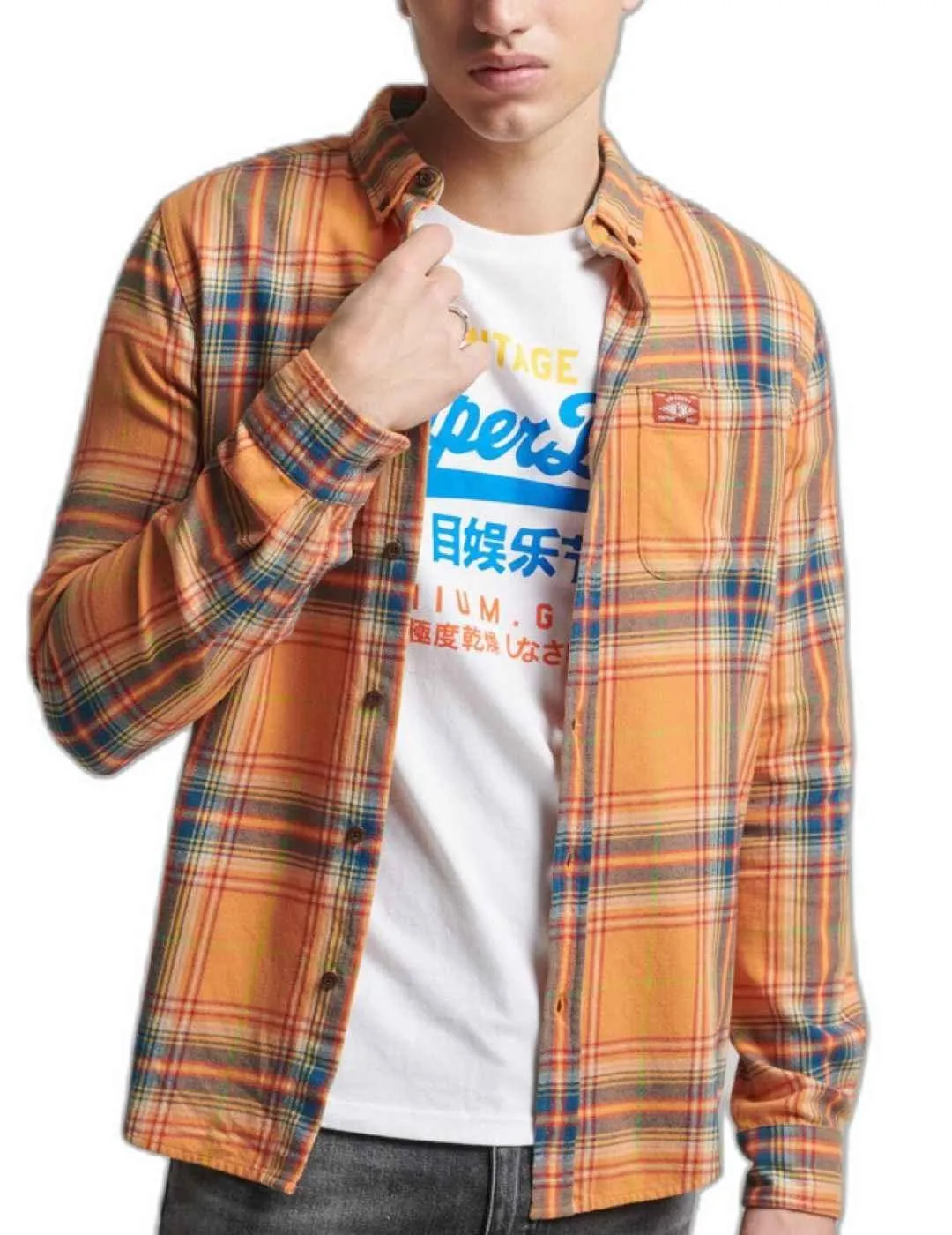 Camisa Superdry leñador cuadros naranja de sarga para hombre