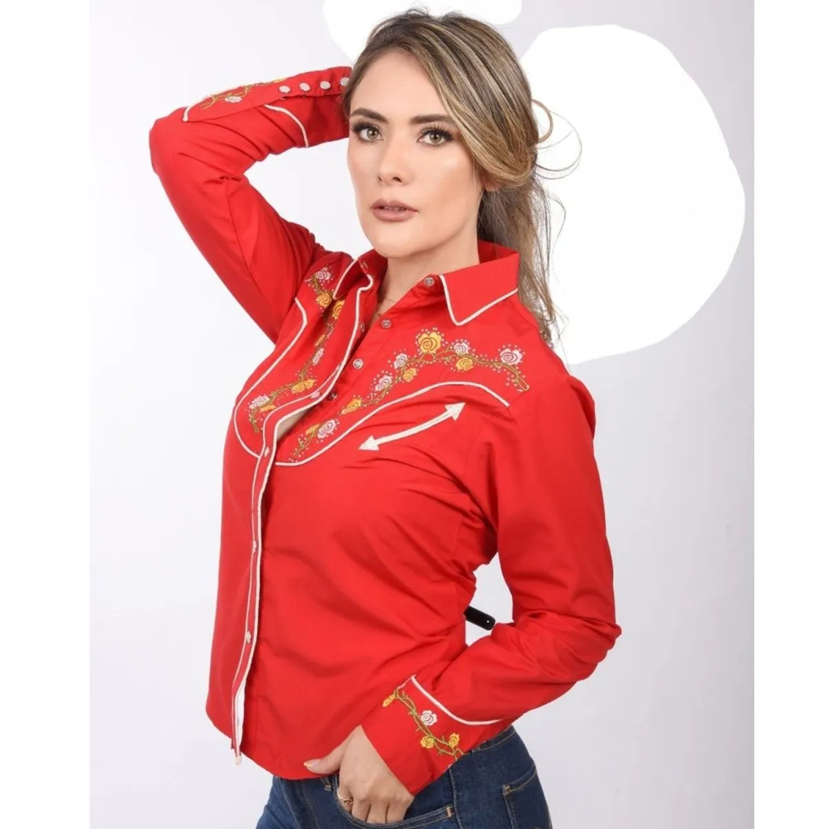 Camisa Vaquera Bordada Color Rojo con Flores WD-537