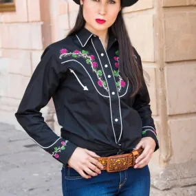 Camisa Vaquera Bordada para Mujer Color Negro con Flores WD-534