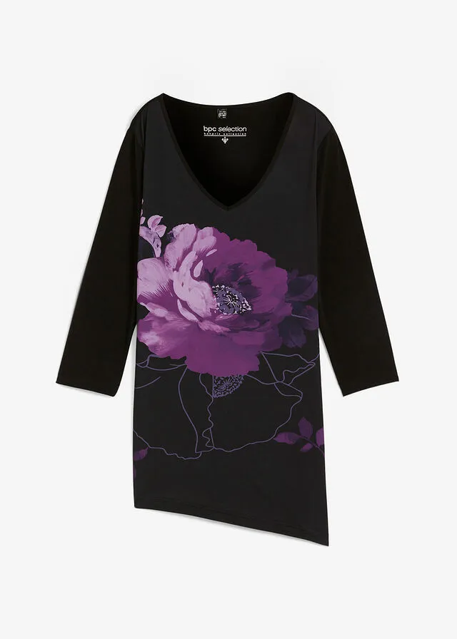 Camiseta larga con patrón de flores Morado intenso de flores