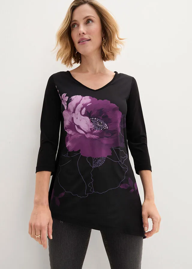 Camiseta larga con patrón de flores Morado intenso de flores