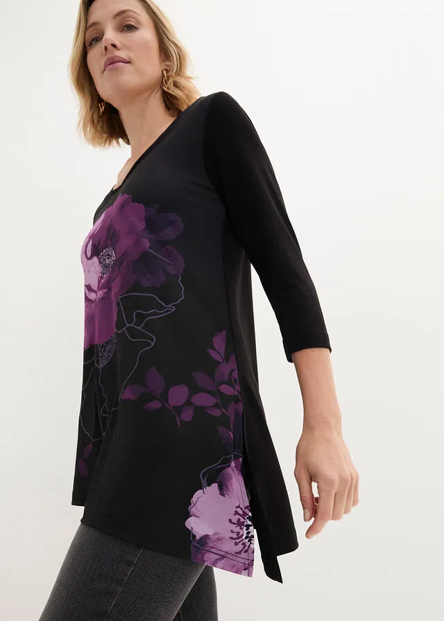 Camiseta larga con patrón de flores Morado intenso de flores