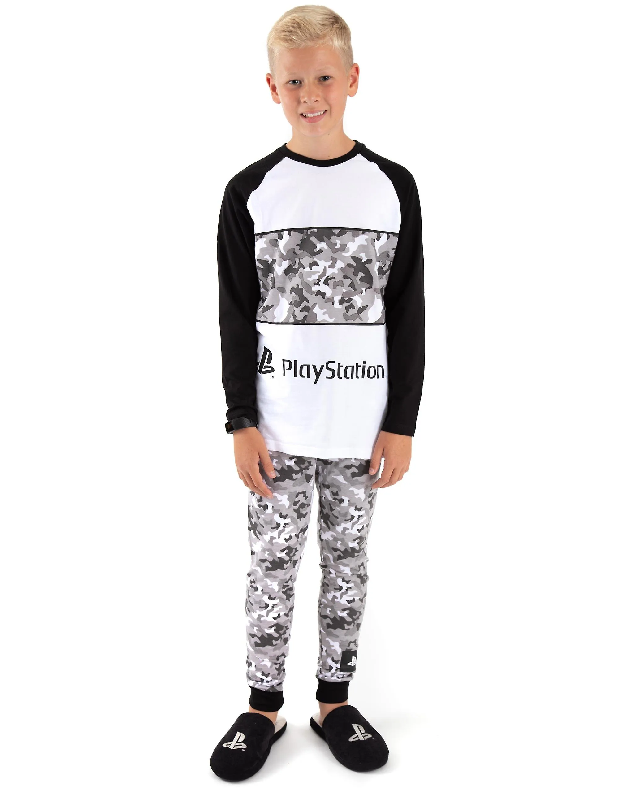 Conjunto de pijama de manga corta y pierna larga para niños PlayStation Boys Estampado de logotipo de camuflaje gris