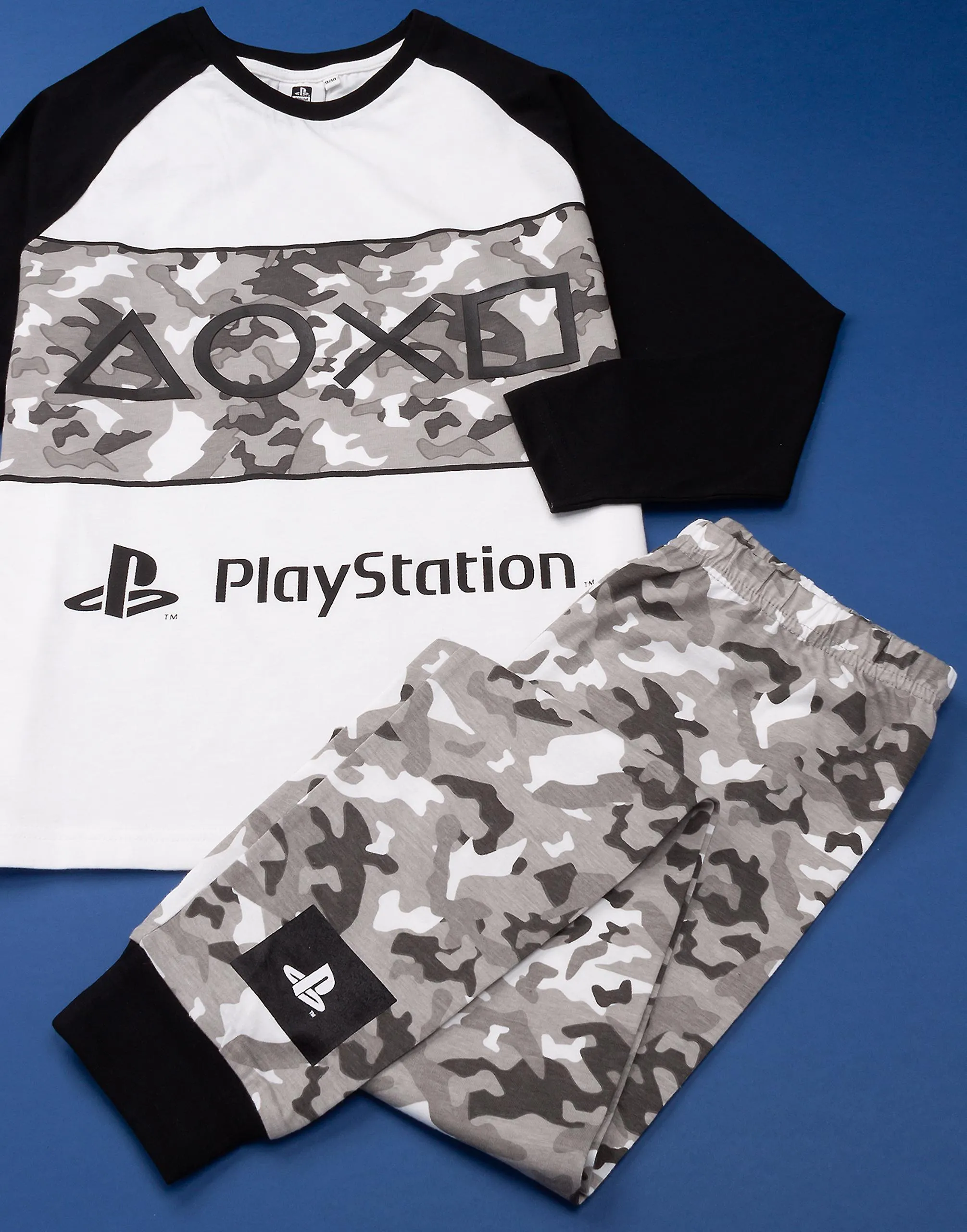 Conjunto de pijama de manga corta y pierna larga para niños PlayStation Boys Estampado de logotipo de camuflaje gris