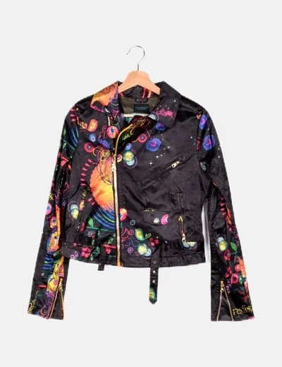 Custo Barcelona Chaqueta biker negra estampado multicolor