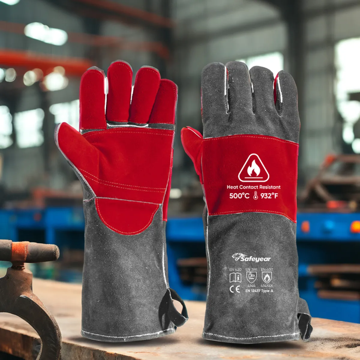 Guantes de cuero para soldar Guantes de cuero para soldar a prueba de calefacción FL-1023 Gris y rojo