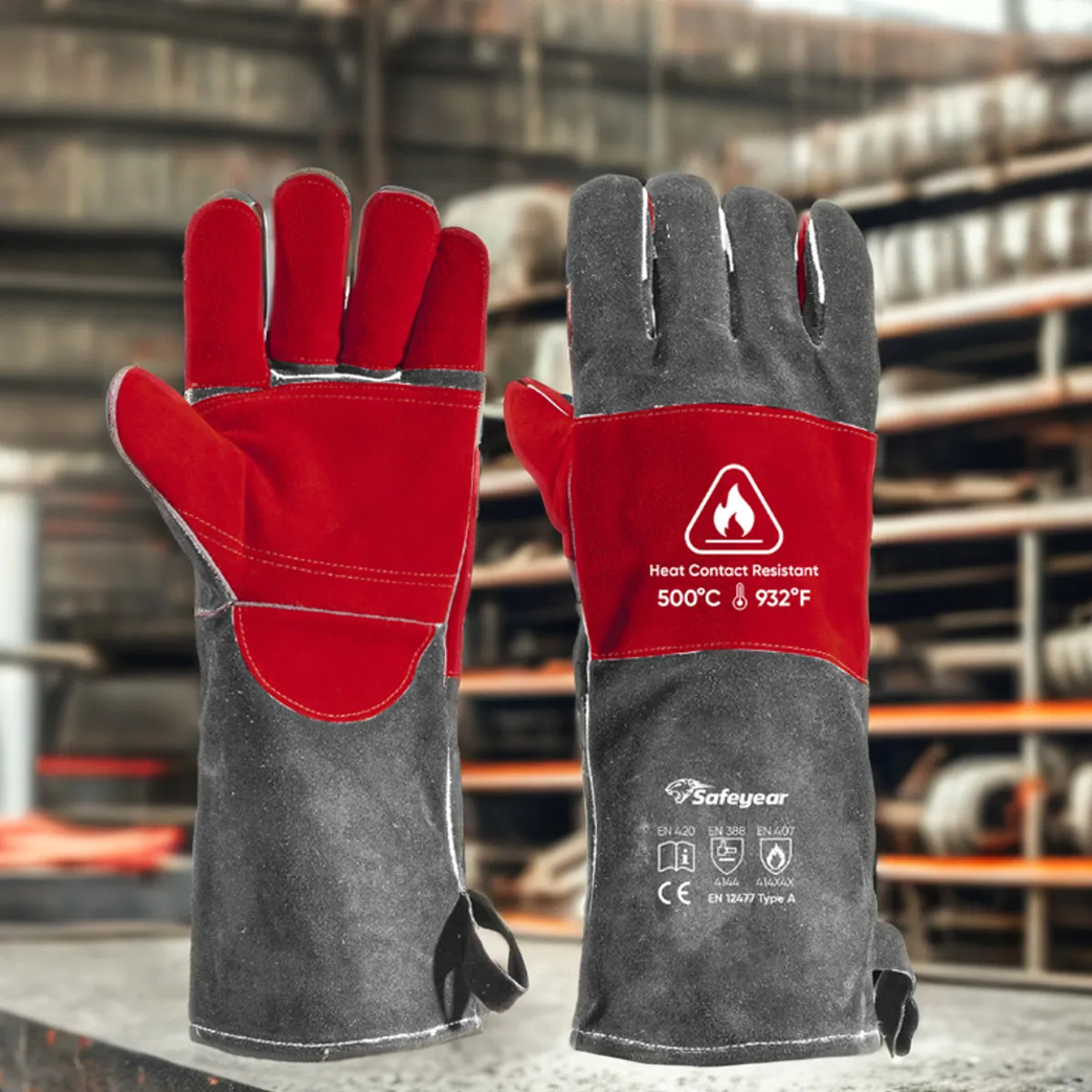 Guantes de cuero para soldar Guantes de cuero para soldar a prueba de calefacción FL-1023 Gris y rojo