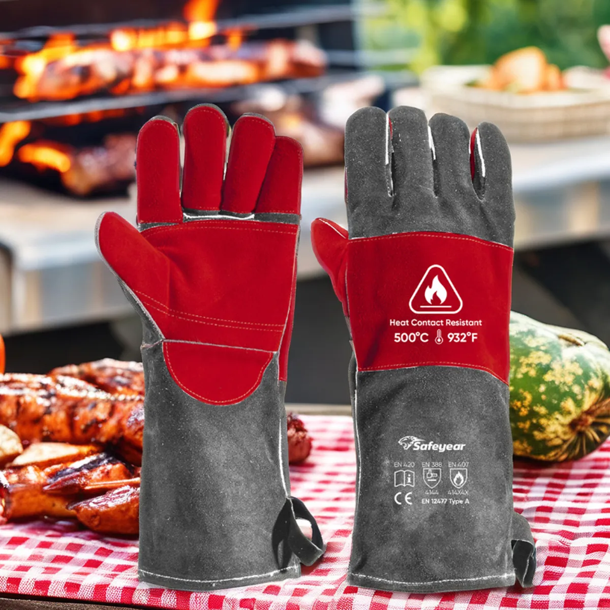 Guantes de cuero para soldar Guantes de cuero para soldar a prueba de calefacción FL-1023 Gris y rojo