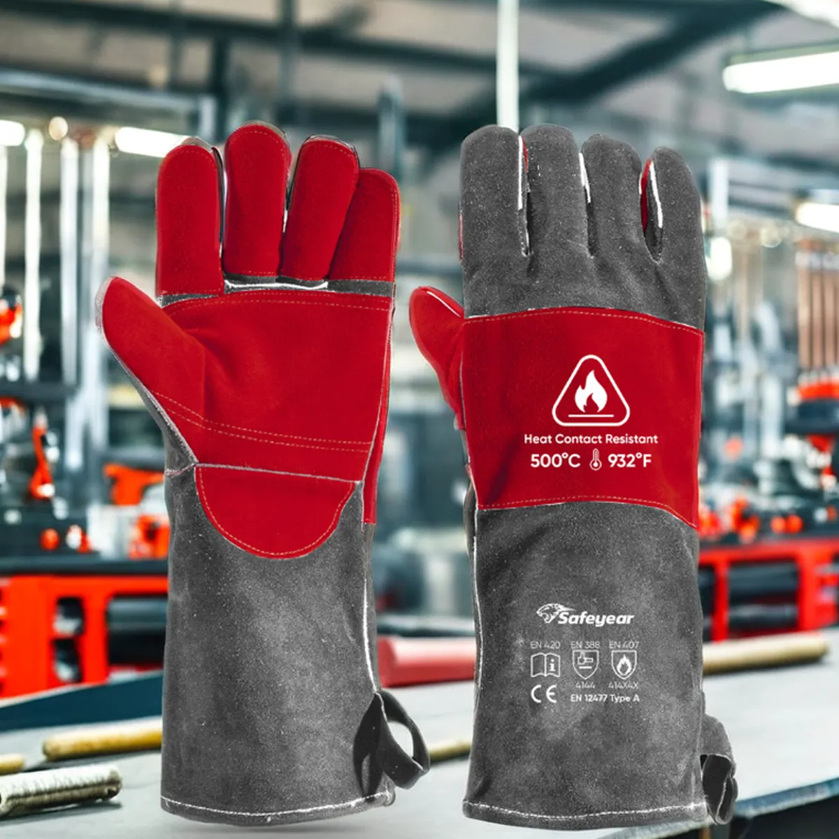 Guantes de cuero para soldar Guantes de cuero para soldar a prueba de calefacción FL-1023 Gris y rojo