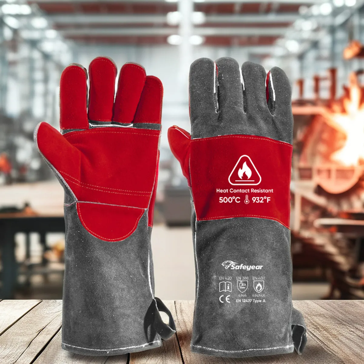 Guantes de cuero para soldar Guantes de cuero para soldar a prueba de calefacción FL-1023 Gris y rojo