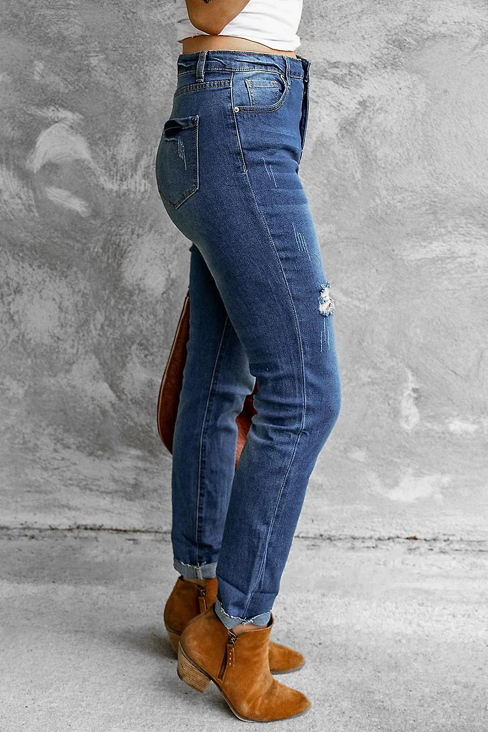 Mujer Blue Distressed Coffee Print Skinny Jeans