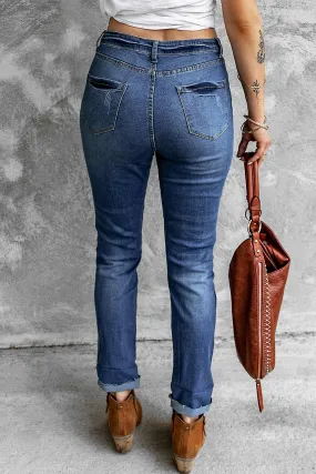 Mujer Blue Distressed Coffee Print Skinny Jeans