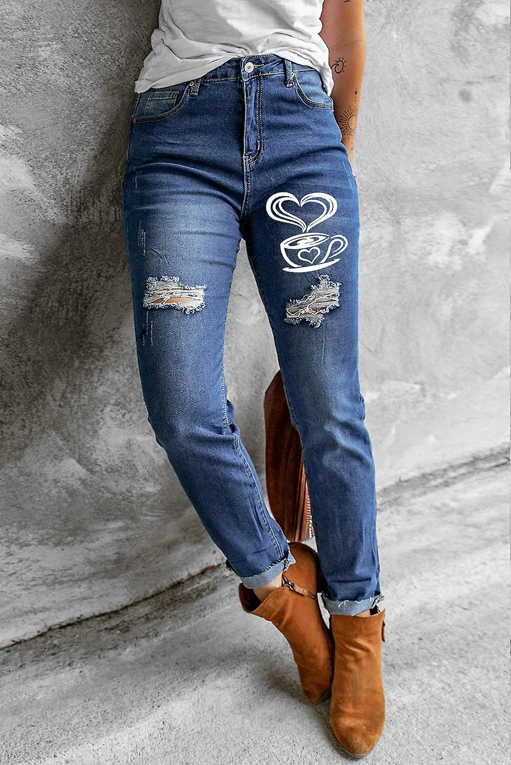 Mujer Blue Distressed Coffee Print Skinny Jeans