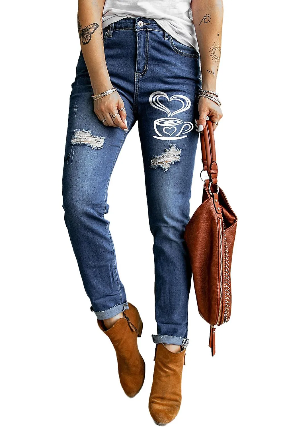 Mujer Blue Distressed Coffee Print Skinny Jeans