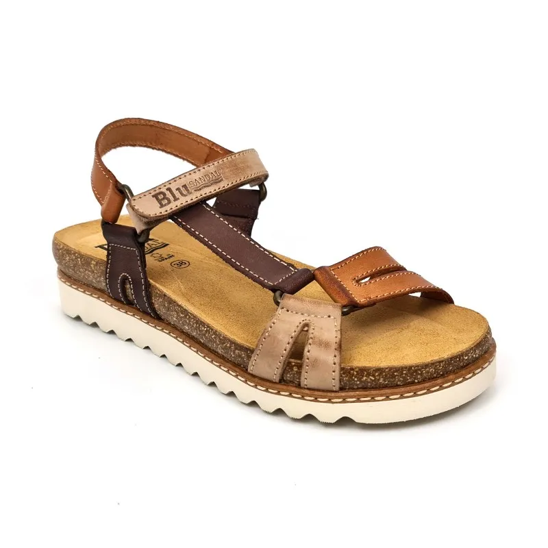 Sandalias Bio Planas Mujer Piel Velcro Plantilla Corcho 1855 Cuero, de Blusandal