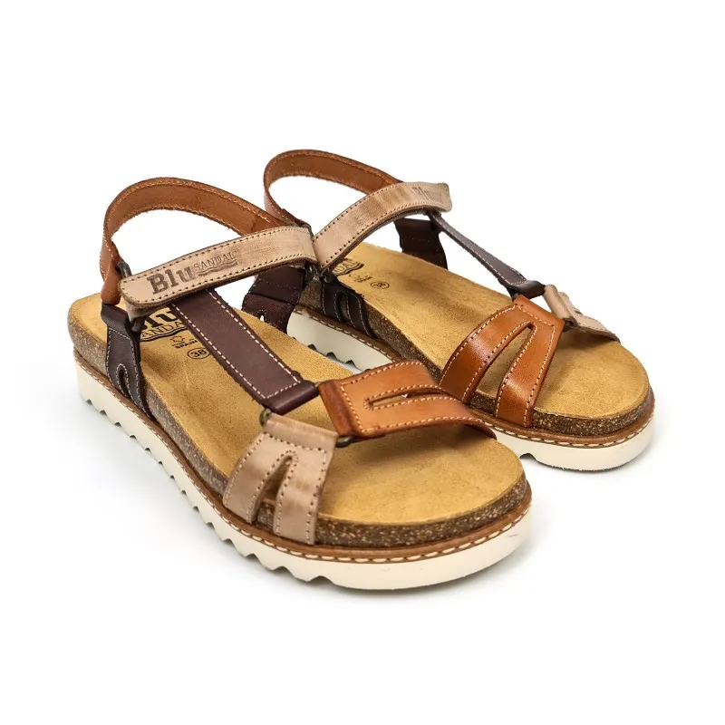 Sandalias Bio Planas Mujer Piel Velcro Plantilla Corcho 1855 Cuero, de Blusandal