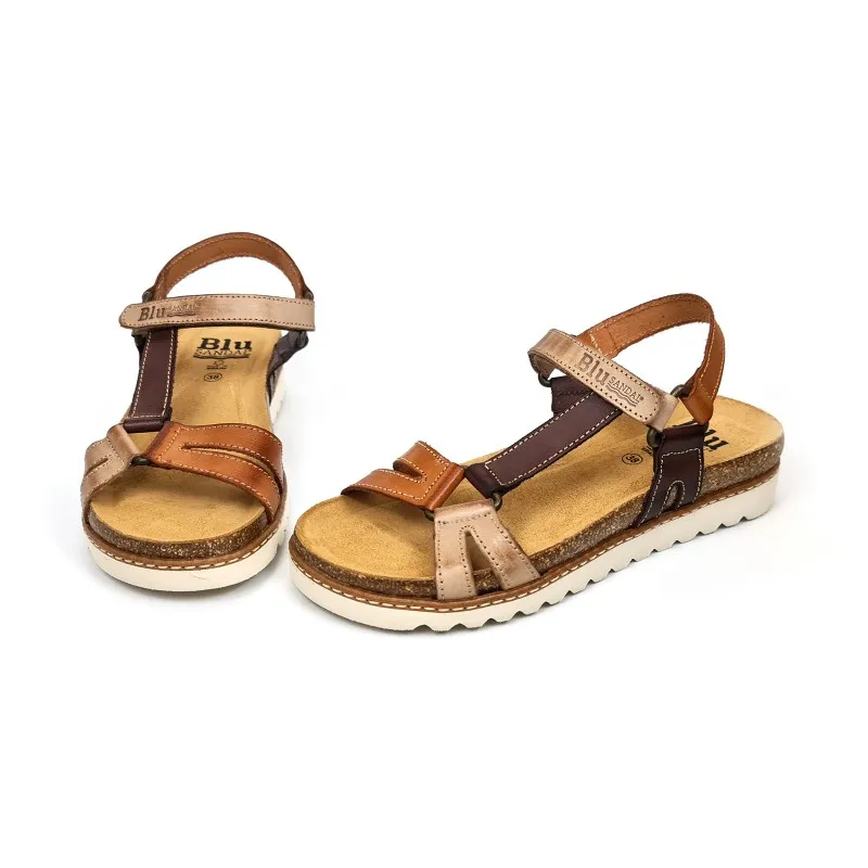 Sandalias Bio Planas Mujer Piel Velcro Plantilla Corcho 1855 Cuero, de Blusandal