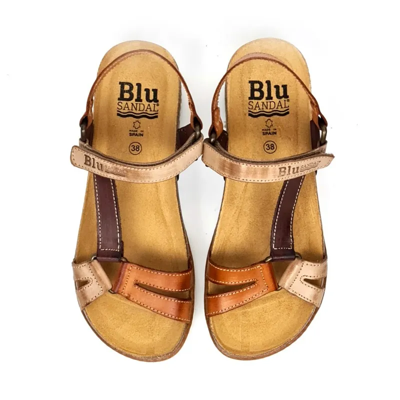 Sandalias Bio Planas Mujer Piel Velcro Plantilla Corcho 1855 Cuero, de Blusandal