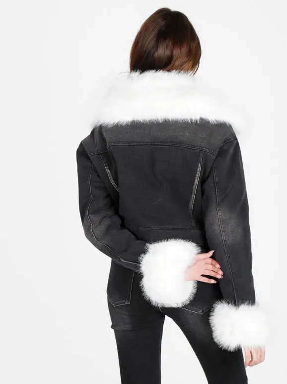 Solada Chaqueta vaquera cropped de mujer con puños y escote de pelo sintético