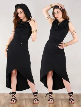 Vestido midi asimétrico con capucha Onyxx, Negro